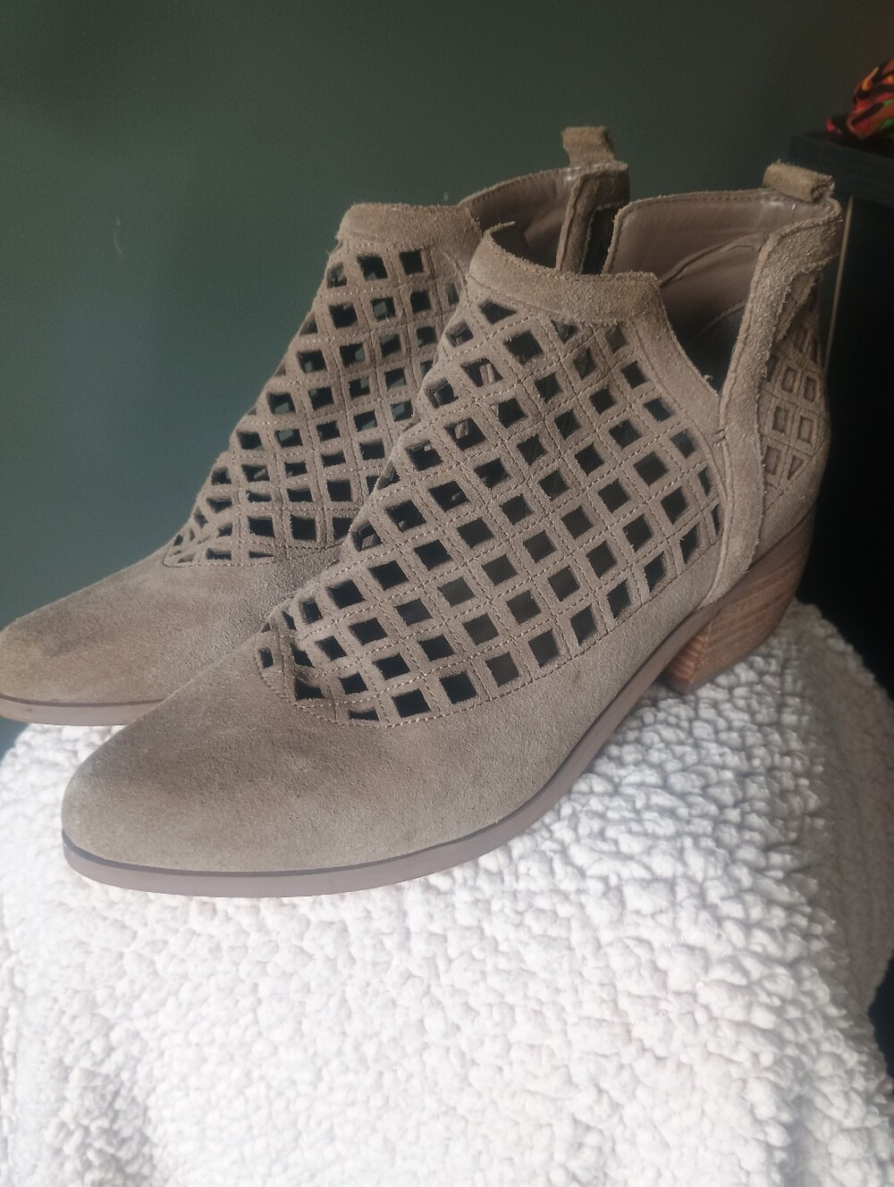 Crown Vintage Taupe Suede Laser Cut Western Ankle Booties